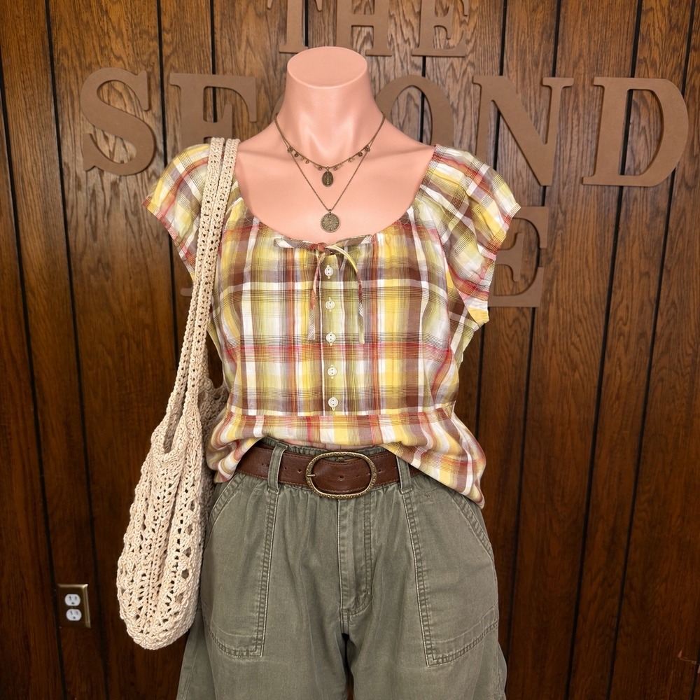 Y2K Yellow Brown Plaid Peasant Top Cato Womens M Cap Sleeve Twee Cottagecore